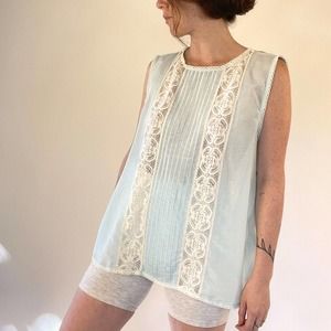 Blue Cotton Silk Lace Tank Top
